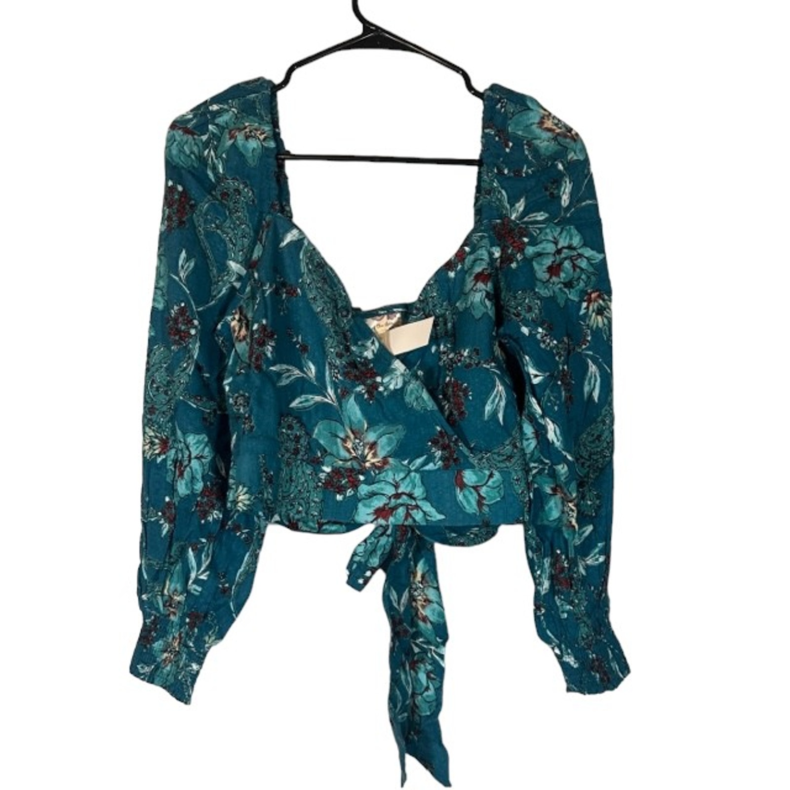 Band Of The Free Sybille Teal Floral Wrap Crossover Crop Top Women Sz M